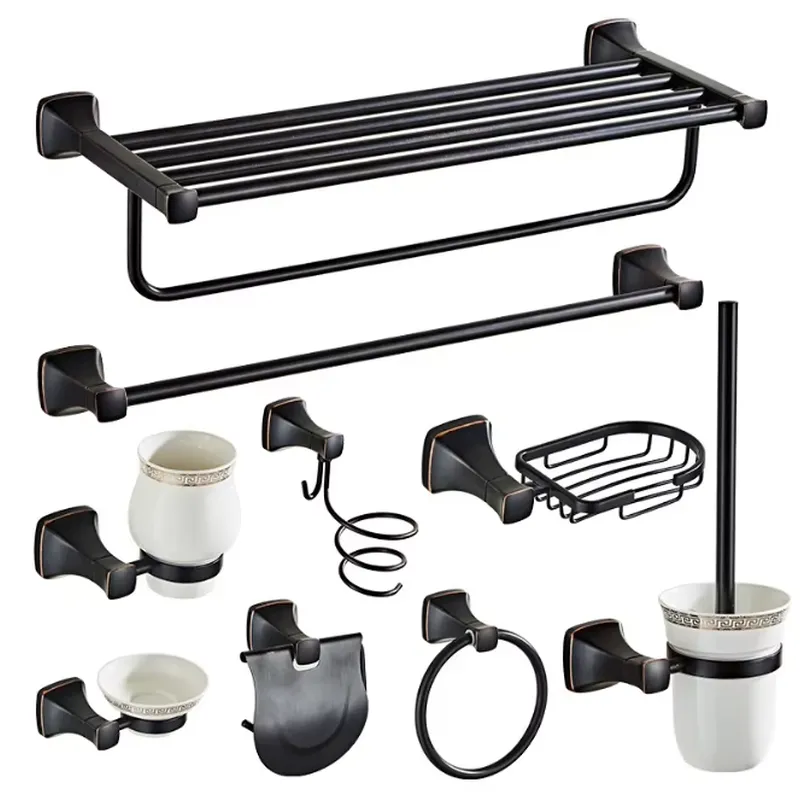 Towel Bar Stainless - ชุดอุปกรณ์ห้องน้ำสแตนเลสสีดำทันสมัย 9 ชิ้น พร้อมราวแขวนผ้าและที่วางติดผนังแบบป้องกันการลื่นไถล
