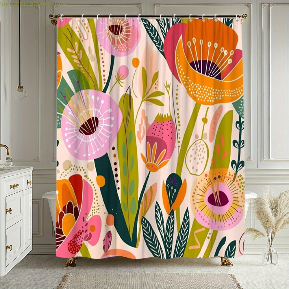Home Bathroom Design Ideas - ม่านอาบน้ำลายดอกไม้สีสันสดใส ดีไซน์พฤกษศาสตร์แบบนามธรรม ผ้าคลุมอาบน้ำกันน้ำสำหรับตกแต่งบ้าน ไอเดียห้องน้ำแสนอบอุ่น