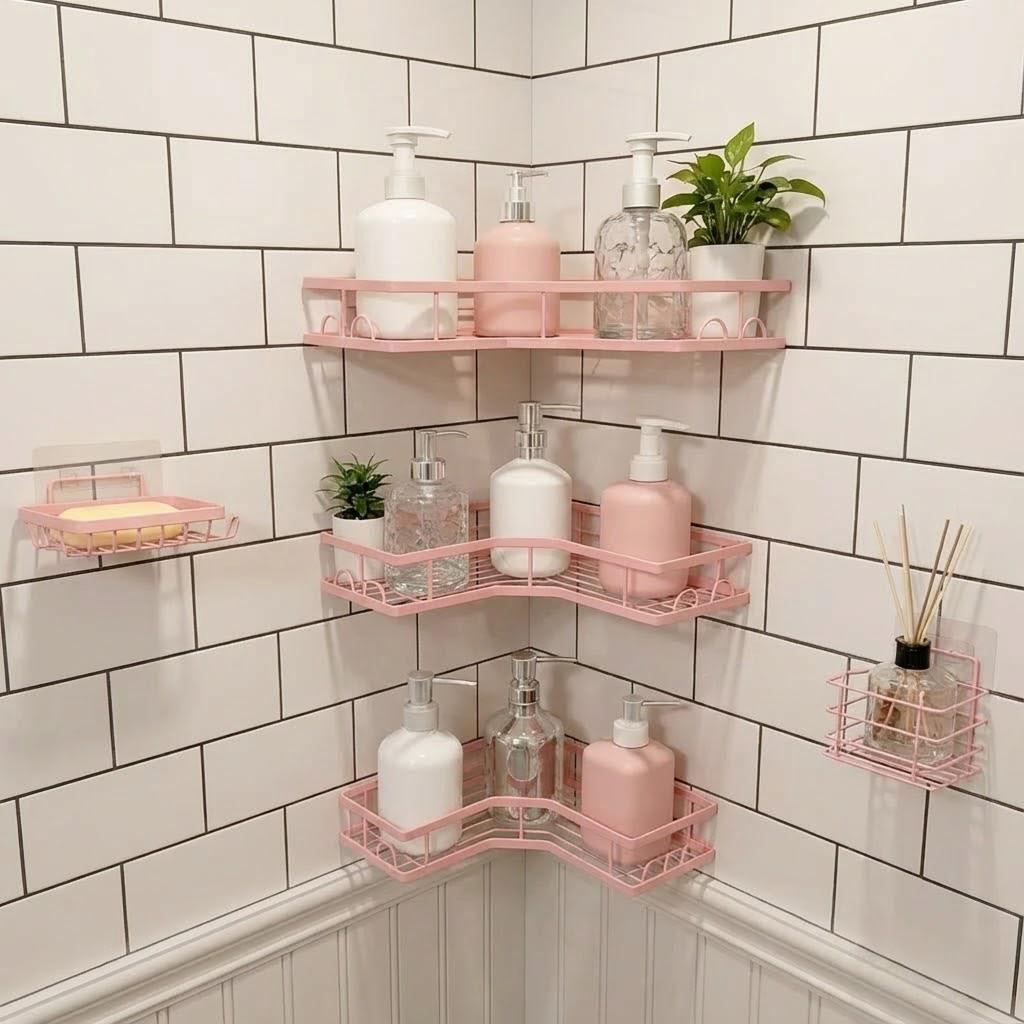 Home Essentials Bathroom Organizer - ชุดชั้นวางของในห้องอาบน้ำแบบมินิมอลสีชมพู 5 ชิ้น ติดตั้งง่ายไม่ต้องเจาะผนัง ชั้นวางมุมห้องน้ำกันสนิม ทำจากโลหะกลวงกันน้ำ