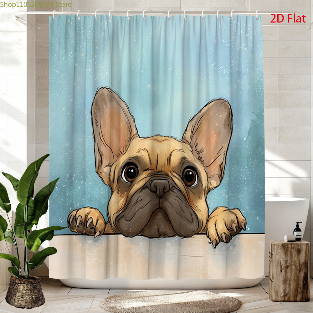 Home Bathroom Design Ideas - ม่านอาบน้ำลายเฟรนช์บูลด็อกน่ารัก ดีไซน์สุนัขสุดคิวท์ ผ้ากันน้ำสำหรับตกแต่งบ้าน ไอเดียห้องน้ำแสนอบอุ่น
