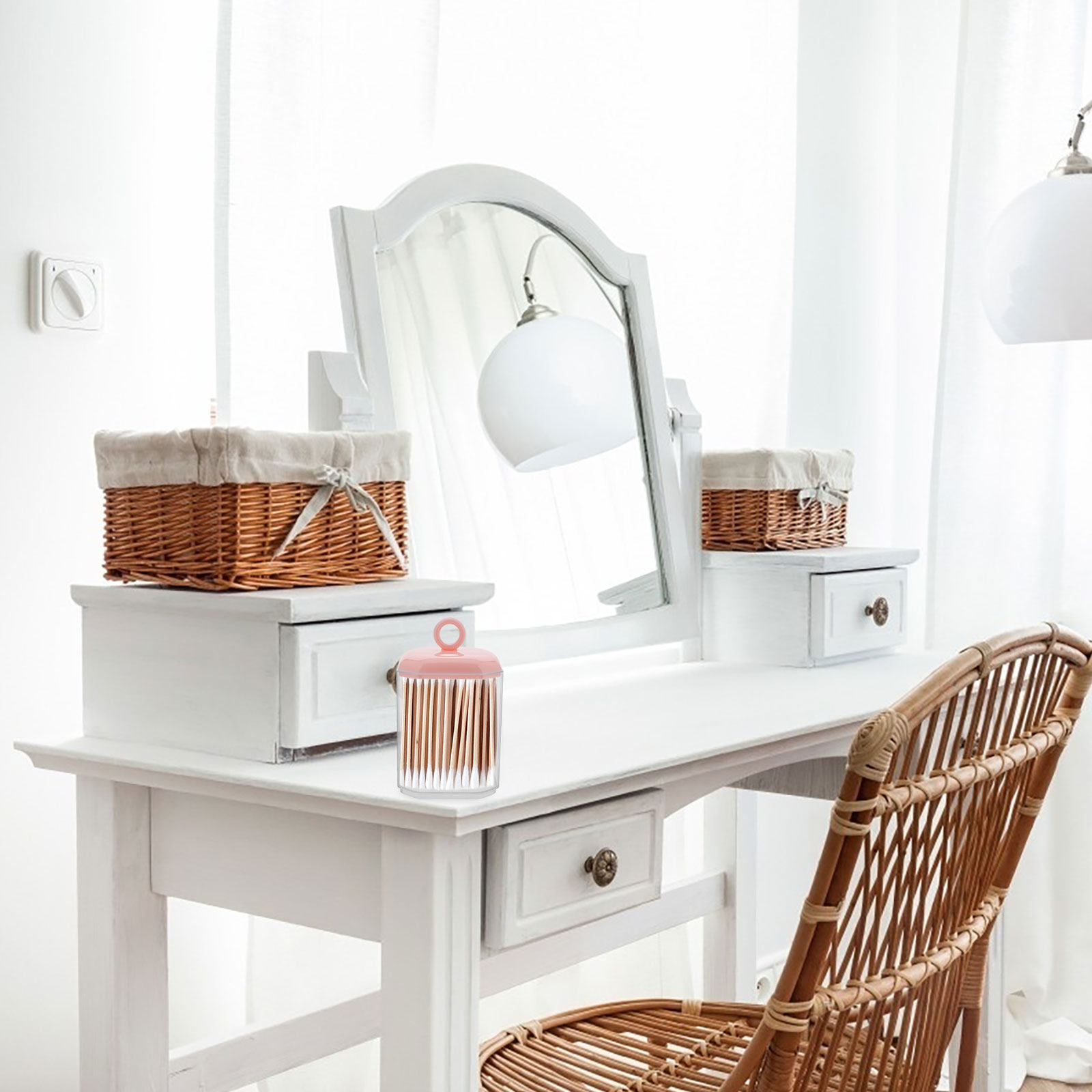 Home Essentials Bathroom Organizer - กล่องเก็บสำลีแบบตั้งโต๊ะพร้อมฝาปิด กล่องจัดระเบียบเครื่องสำอางสุดหรูสำหรับโต๊ะเครื่องแป้งในห้องน้ำ ของใช้จำเป็นในบ้าน สำลีแผ่น ไม้จิ้มฟัน ไหมขัดฟัน