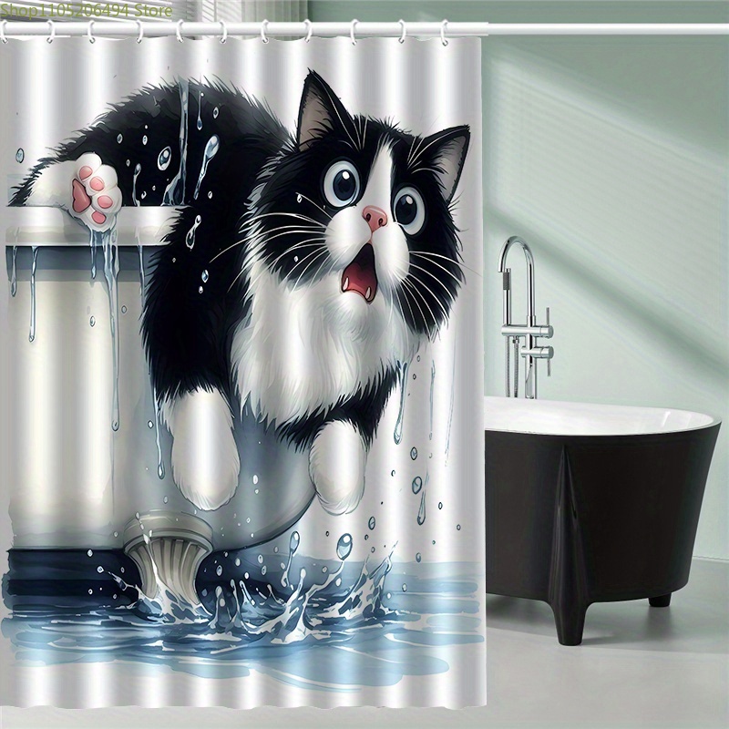 Home Bathroom Design Ideas - ม่านอาบน้ำลายแมวตลกกระโดดจากอ่างอาบน้ำ ดีไซน์น่ารักสำหรับสัตว์เลี้ยง กันน้ำได้ เหมาะสำหรับตกแต่งบ้าน ไอเดียห้องน้ำแสนอบอุ่น