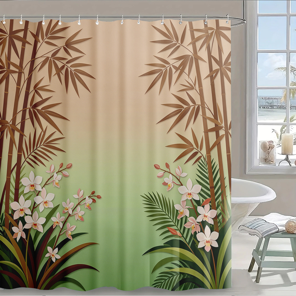 Home Bathroom Design Ideas - ม่านอาบน้ำกันน้ำลายพิมพ์พฤกษศาสตร์เขตร้อน ลายใบไม้ไผ่ กล้วยไม้ สำหรับตกแต่งห้องน้ำ ของตกแต่งบ้าน ไอเดียของขวัญ