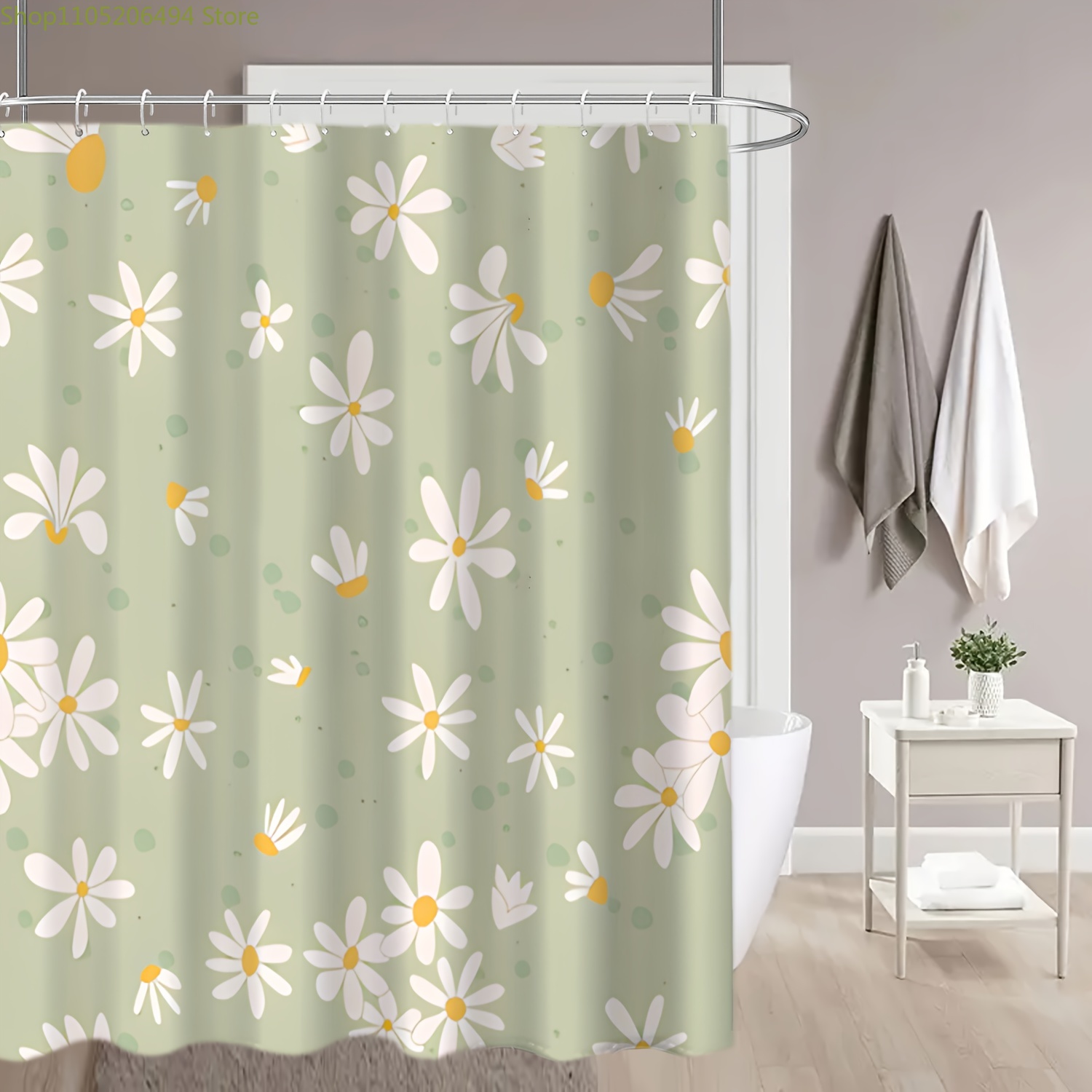 Home Bathroom Design Ideas - ม่านอาบน้ำลายดอกเดซี่น่ารัก ดีไซน์ลายสีเขียวพาสเทล ผ้าคลุมอาบน้ำกันน้ำสำหรับตกแต่งบ้าน ไอเดียห้องน้ำแสนอบอุ่น