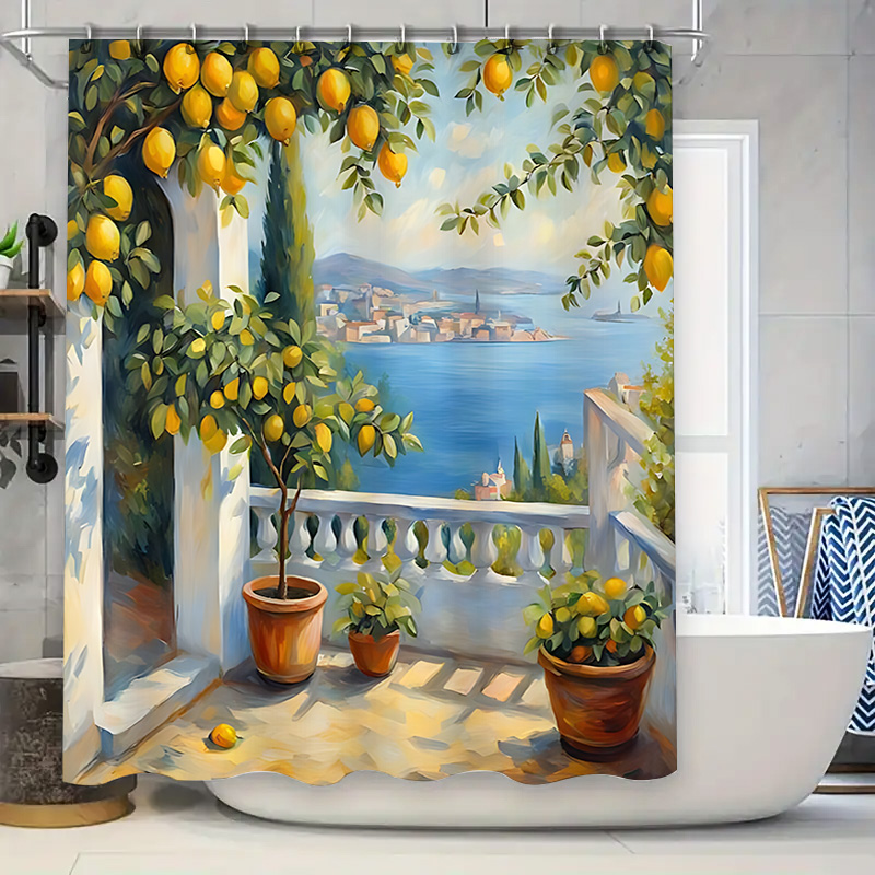 Home Bathroom Design Ideas - ม่านอาบน้ำลายสวนมะนาวเมดิเตอร์เรเนียน ดีไซน์วิววิลล่าริมชายฝั่ง ผ้าปูพื้นห้องน้ำกันน้ำสำหรับตกแต่งบ้าน ไอเดียห้องน้ำแสนอบอุ่น