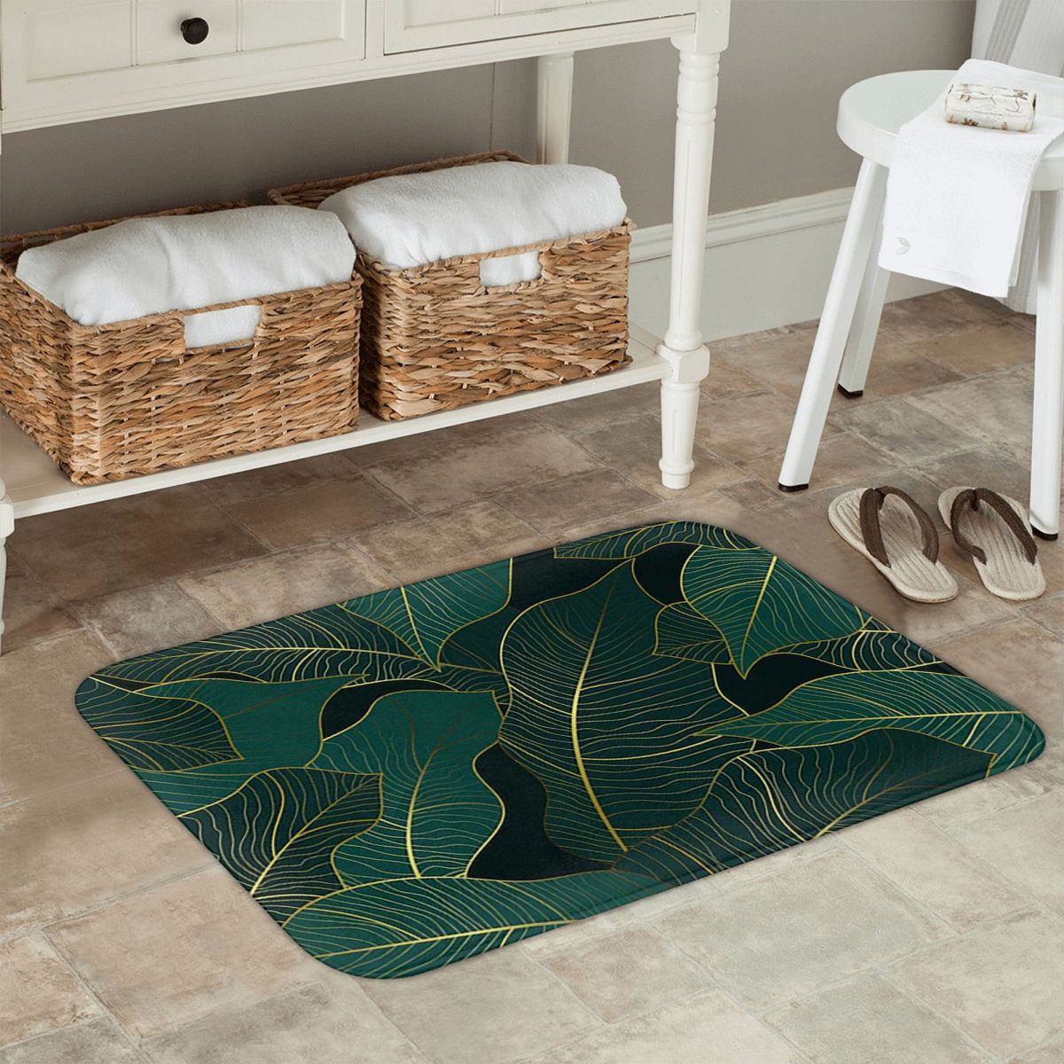 Home Bathroom Images - พรมเช็ดเท้าลายใบปาล์มกันลื่น ซักได้ ใช้ปูพื้นห้องครัว ทางเข้าบ้าน ห้องน้ำ ห้องนั่งเล่น