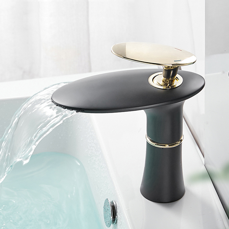 Home Hardware Bathroom Faucets - น้ําตกก๊อกน้ําอ่างล้างหน้าสีขาวทองร้อนเย็นอ่างล้างหน้าแตะทองเหลืองสีดําสูงห้องน้ํา Mixer ก๊อกน้ํา Crane บ้านฮาร์ดแวร์ก๊อกน้ํา