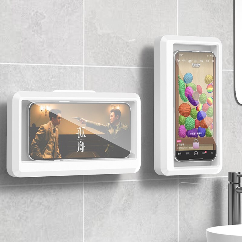Home For Bathroom - ที่วางโทรศัพท์กันน้ำในห้องน้ำ กล่องใส่โทรศัพท์ติดผนังแบบมีกาวในตัว ที่วางโทรศัพท์แบบสัมผัสหน้าจอสำหรับอาบน้ำ พร้อมระบบปิดผนึกกันน้ำ