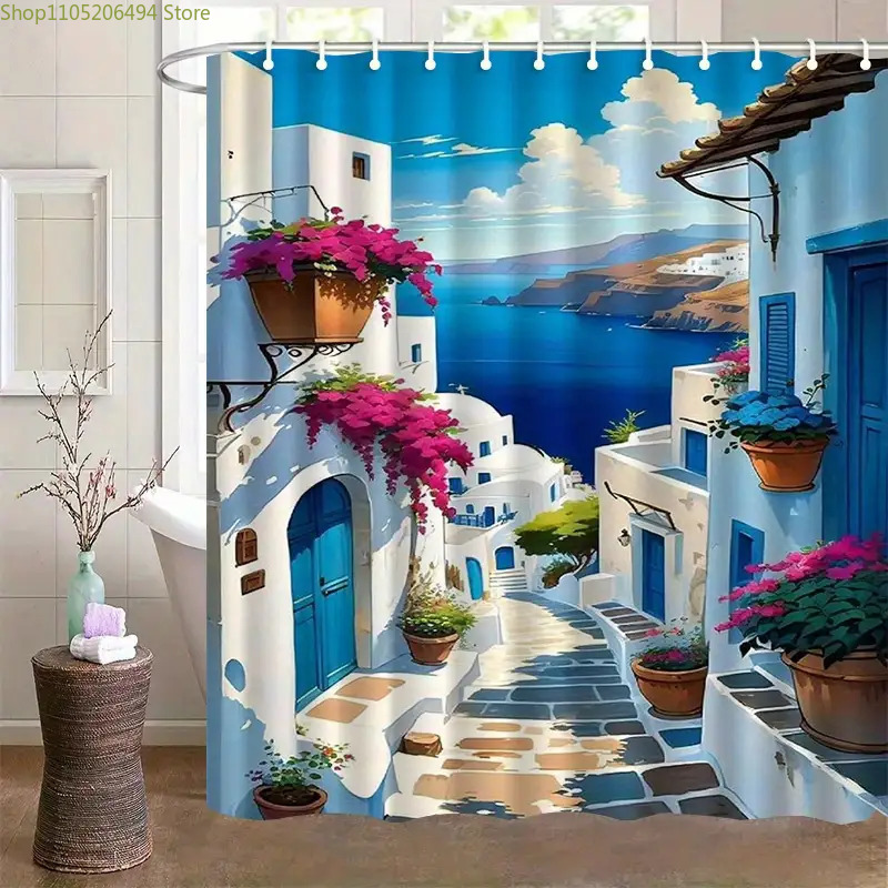 Home Bathroom Design Ideas - ผ้าม่านอาบน้ำลายเกาะซานโตรินี สีฟ้าขาว ดีไซน์วิวทะเล หมู่บ้าน ตกแต่งบ้าน ผ้าคลุมอาบน้ำกันน้ำ
